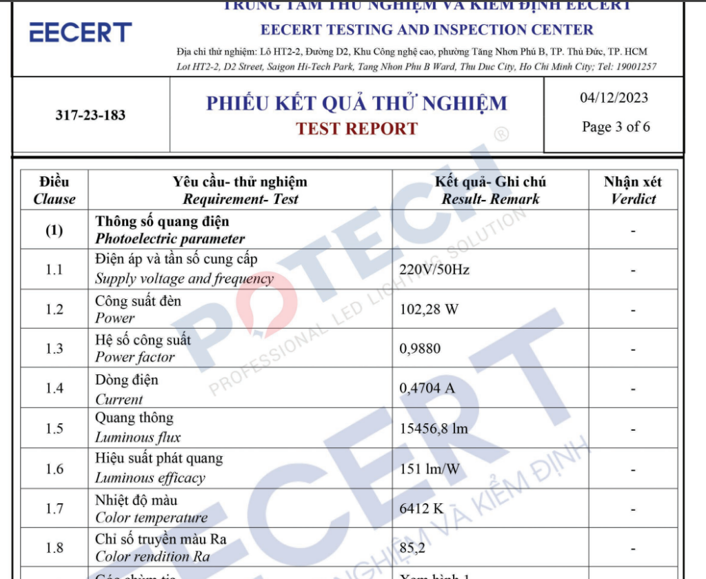 Hiệu suất phát quang của đèn POTECH được kiểm tra bởi EECERT