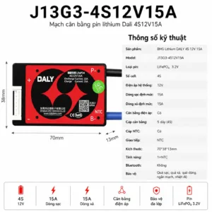Mạch BMS Daly J13G3-4S12V15A, 4 cell nối tiếp, hệ 12V, dòng sạc và xả 15A, kích thước 70x38x13mm