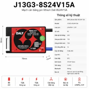 Mạch BMS Daly J13G3-8S24V15A, 8 cell nối tiếp, hệ 24V, dòng sạc và xả 15A, pin LiFePO4 3.2V