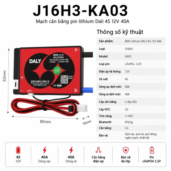 Mạch BMS Daly J16H3-KA03, 4 cell LiFePO4 nối tiếp, hệ 12V, dòng sạc và xả 40A