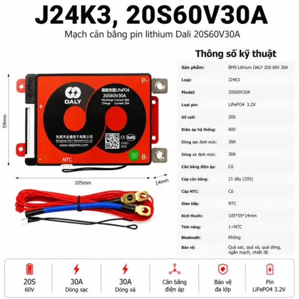 Mạch BMS Daly J24K3-20S60V30A, 20 cell LiFePO4 nối tiếp, hệ 60V, dòng 30A, cáp cân bằng 21 dây