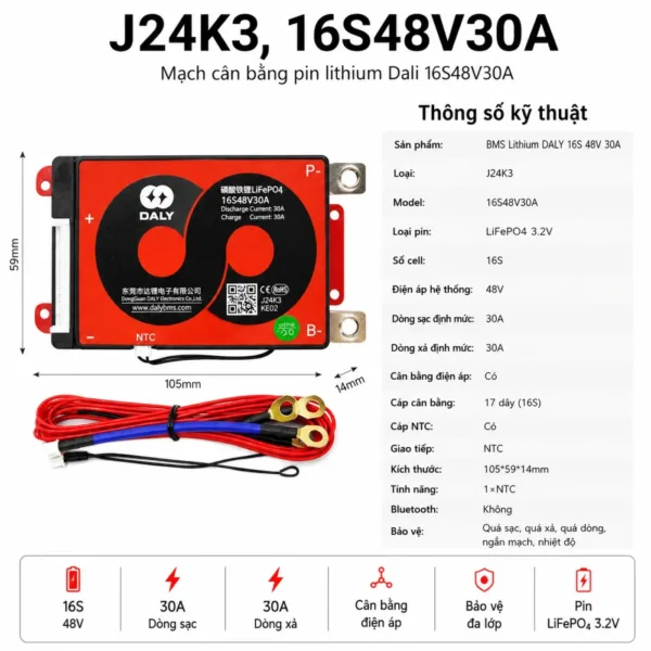 Mạch BMS Daly J24K3-KE02, 16 cell LiFePO4 nối tiếp, hệ 48V, dòng 30A, kèm bộ dây cân bằng 17 dây