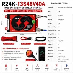 Mạch BMS Daly R24K-13S48V40A, 13 cell Li-ion 3.7V, hệ 48V, dòng 40A, tùy chọn module Bluetooth