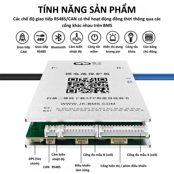 Sơ đồ cổng kết nối mạch BMS JIKONG: CAN, RS485, Bluetooth, GPS