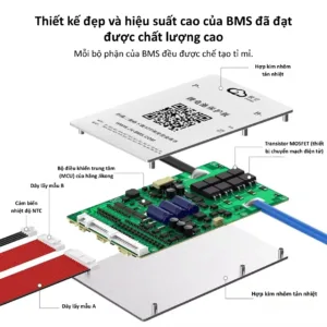 Cấu tạo mạch BMS JIKONG: tản nhiệt nhôm, MCU, MOSFET, dây lấy mẫu
