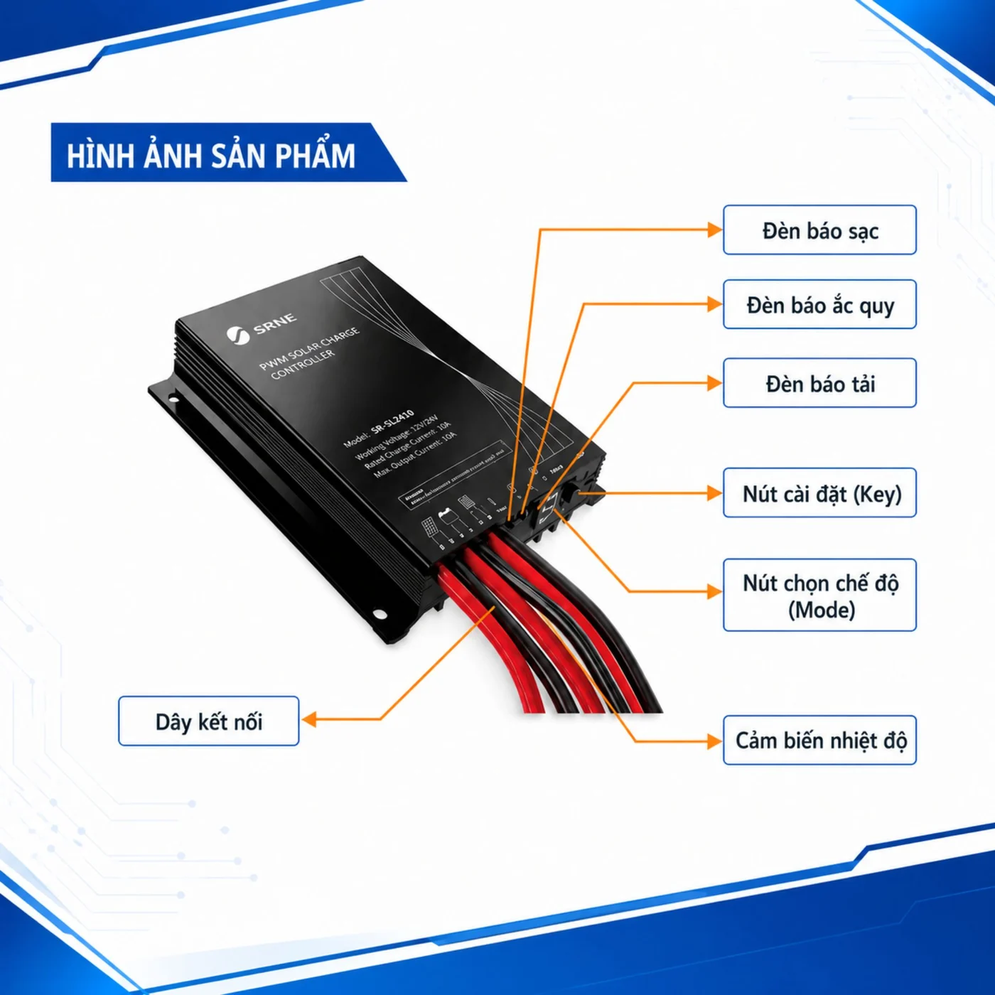 Ảnh minh họa vị trí đèn báo sạc, đèn báo ắc quy, đèn báo tải, nút cài đặt và cảm biến nhiệt trên bộ sạc solar SRNE