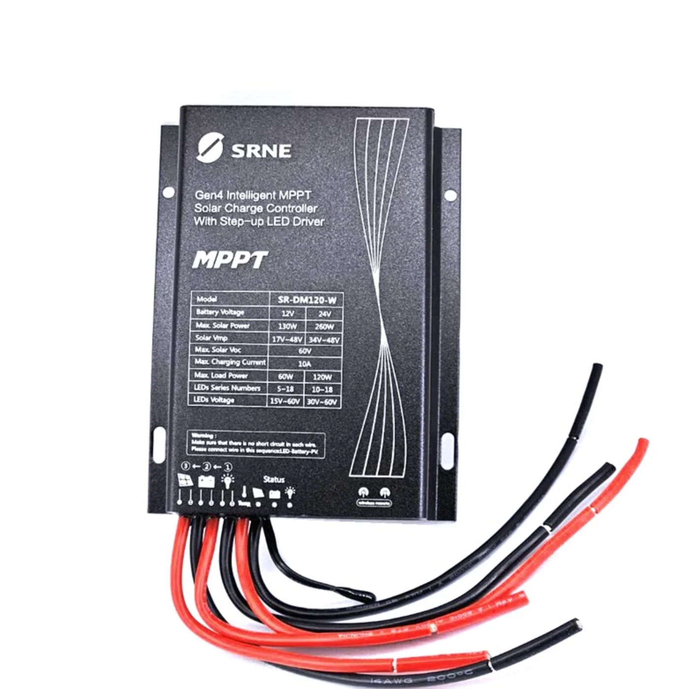 Tem thông số SR-DM120-W trên vỏ, hai cột theo hệ 12V và 24V, kèm dây ra đỏ đen