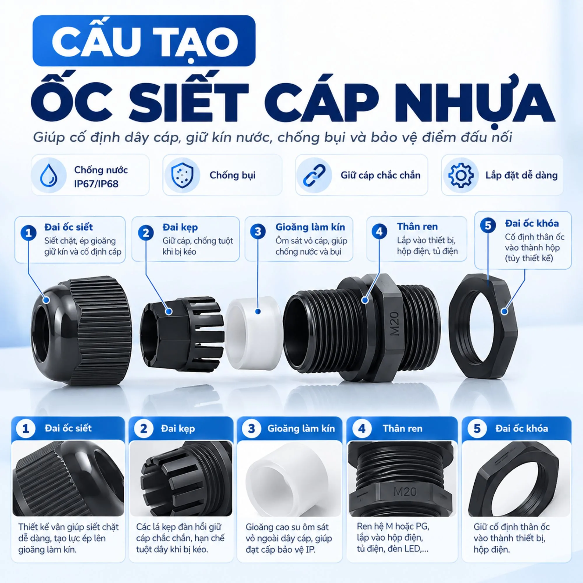 Cấu tạo ốc siết cáp nhựa