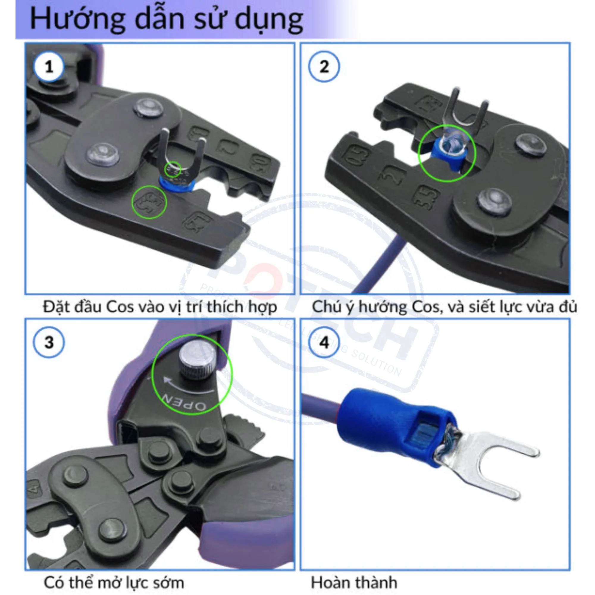 Minh họa thao tác ép dây bằng cos chữ Y; cos tròn RV cần khuôn bấm tương thích và được lắp qua lỗ vòng kín.