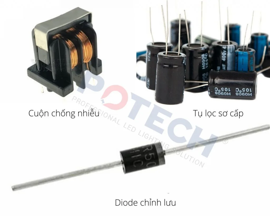 Cuộn chống nhiễu, tụ lọc sơ cấp và diode chỉnh lưu trong nguồn tổ ong